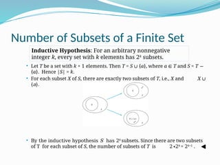 Number of Subsets of a Finite Set
 Let T be a set with k + 1 elements. Then T = S ∪ {a}, where a ∈ T and S = T −
{a}. Hence |S| = k.
 For each subset X of S, there are exactly two subsets of T, i.e., X and X ∪
{a}.
 By the inductive hypothesis S has 2k
subsets. Since there are two subsets
of T for each subset of S, the number of subsets of T is 2∙2k
= 2k+1
.
Inductive Hypothesis: For an arbitrary nonnegative
integer k, every set with k elements has 2k
subsets.
 