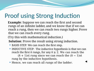 Proof using Strong Induction
Example: Suppose we can reach the first and second
rungs of an infinite ladder, and we know that if we can
reach a rung, then we can reach two rungs higher. Prove
that we can reach every rung.
(Try this with mathematical induction.)
Solution: Prove the result using strong induction.
 BASIS STEP: We can reach the first step.
 INDUCTIVE STEP: The inductive hypothesis is that we can
reach the first k rungs, for any k ≥ 2. We can reach the
(k + 1)st rung since we can reach the (k − 1)st
rung by the inductive hypothesis.
 Hence, we can reach all rungs of the ladder.
 