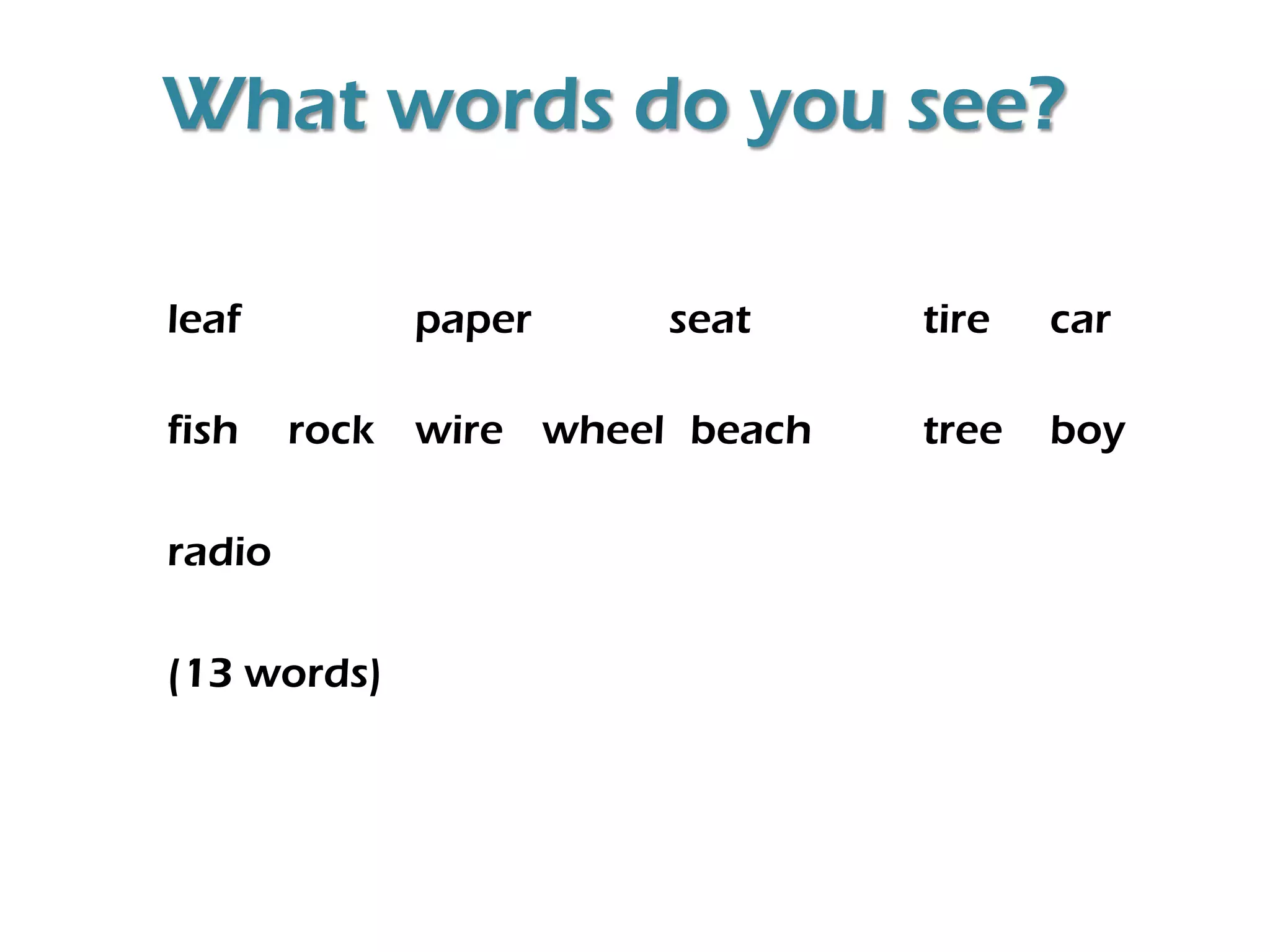 What words do you see?
leaf paper seat tire car
fish rock wire wheel beach tree boy
radio
(13 words)
 