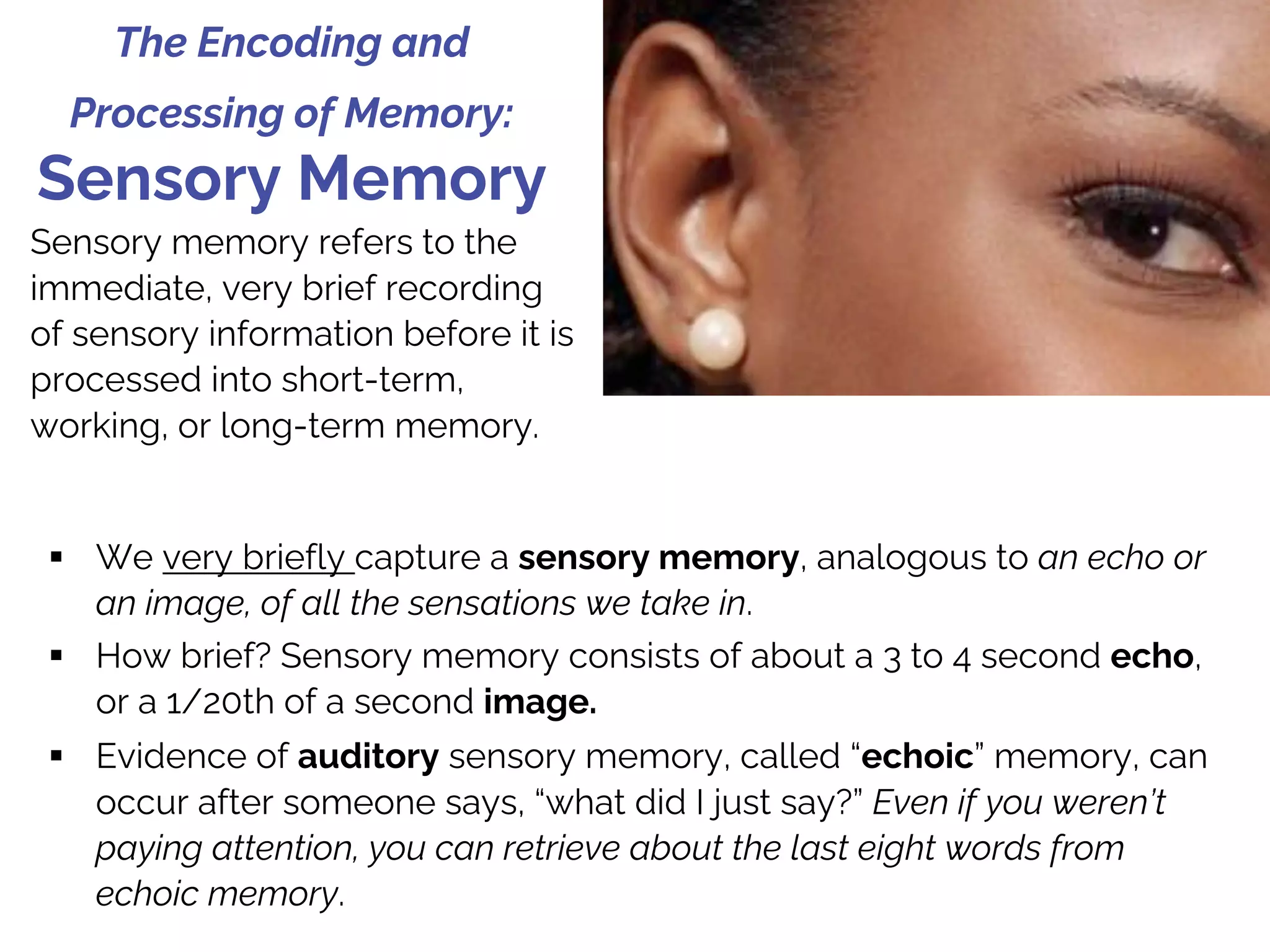 The Encoding and
Processing of Memory:
Sensory Memory
§ We very briefly capture a sensory memory, analogous to an echo or
an image, of all the sensations we take in.
§ How brief? Sensory memory consists of about a 3 to 4 second echo,
or a 1/20th of a second image.
§ Evidence of auditory sensory memory, called “echoic” memory, can
occur after someone says, “what did I just say?” Even if you weren’t
paying attention, you can retrieve about the last eight words from
echoic memory.
Sensory memory refers to the
immediate, very brief recording
of sensory information before it is
processed into short-term,
working, or long-term memory.
 