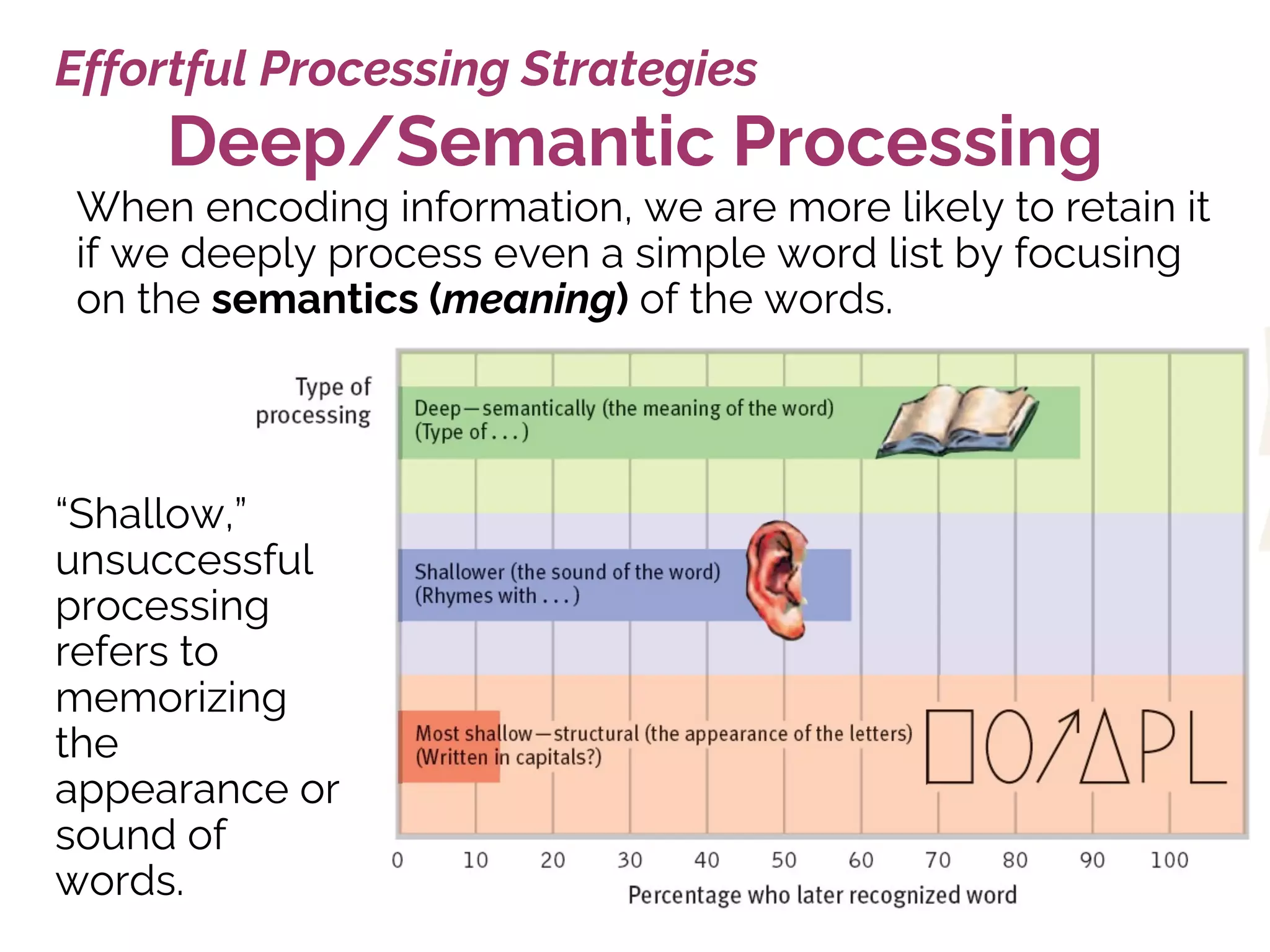 When encoding information, we are more likely to retain it
if we deeply process even a simple word list by focusing
on the semantics (meaning) of the words.
“Shallow,”
unsuccessful
processing
refers to
memorizing
the
appearance or
sound of
words.
Deep/Semantic Processing
Effortful Processing Strategies
 