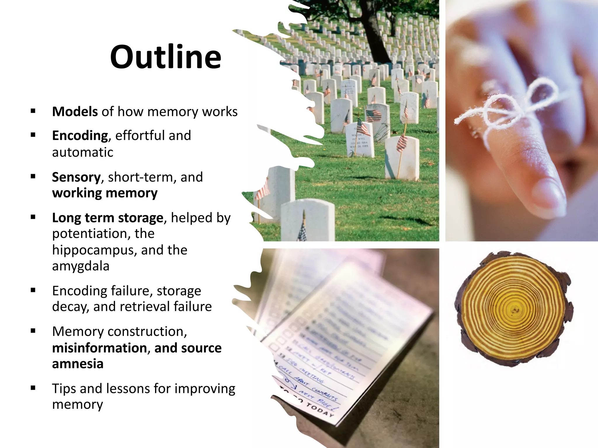 Outline
§ Models of how memory works
§ Encoding, effortful and
automatic
§ Sensory, short-term, and
working memory
§ Long term storage, helped by
potentiation, the
hippocampus, and the
amygdala
§ Encoding failure, storage
decay, and retrieval failure
§ Memory construction,
misinformation, and source
amnesia
§ Tips and lessons for improving
memory
 