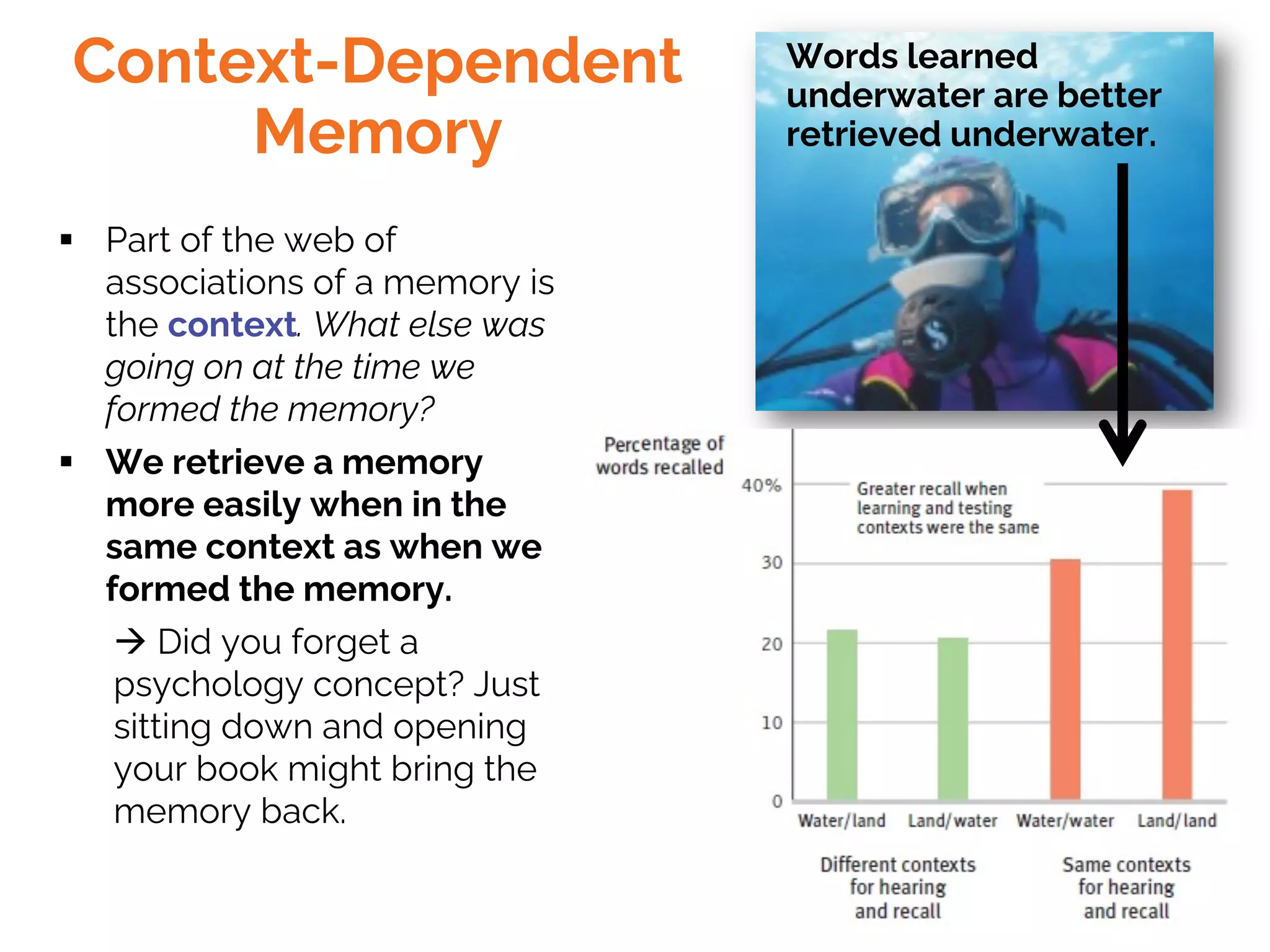 Context-Dependent
Memory
§ Part of the web of
associations of a memory is
the context. What else was
going on at the time we
formed the memory?
§ We retrieve a memory
more easily when in the
same context as when we
formed the memory.
à Did you forget a
psychology concept? Just
sitting down and opening
your book might bring the
memory back.
Words learned
underwater are better
retrieved underwater.
 