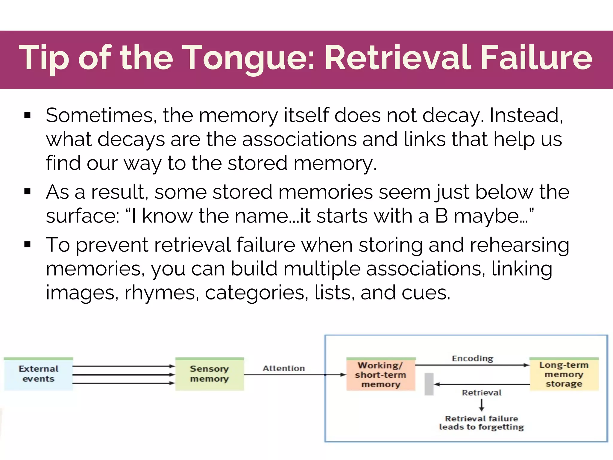 Tip of the Tongue: Retrieval Failure
§ Sometimes, the memory itself does not decay. Instead,
what decays are the associations and links that help us
find our way to the stored memory.
§ As a result, some stored memories seem just below the
surface: “I know the name...it starts with a B maybe…”
§ To prevent retrieval failure when storing and rehearsing
memories, you can build multiple associations, linking
images, rhymes, categories, lists, and cues.
 