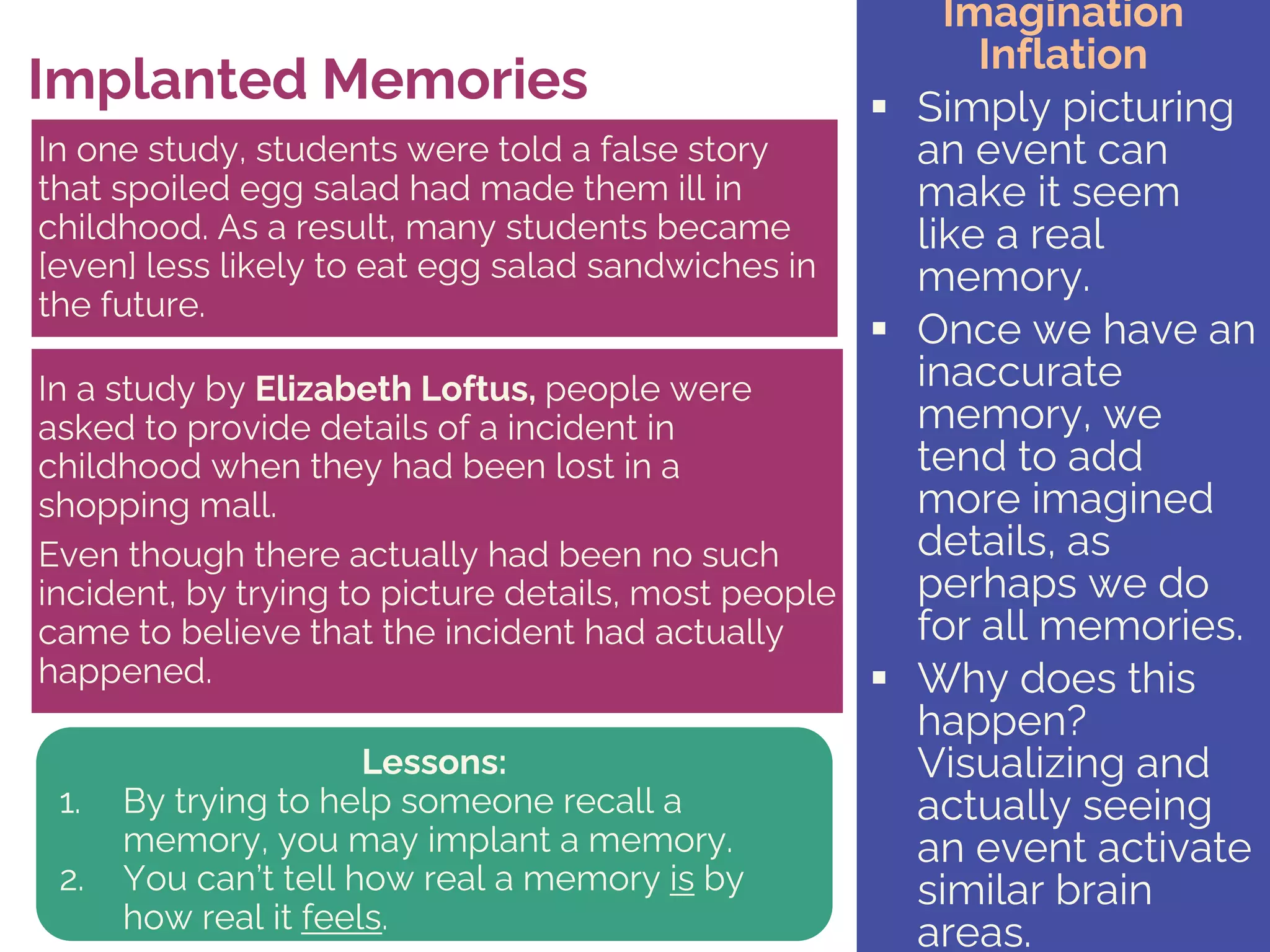 In a study by Elizabeth Loftus, people were
asked to provide details of a incident in
childhood when they had been lost in a
shopping mall.
Even though there actually had been no such
incident, by trying to picture details, most people
came to believe that the incident had actually
happened.
In one study, students were told a false story
that spoiled egg salad had made them ill in
childhood. As a result, many students became
[even] less likely to eat egg salad sandwiches in
the future.
Implanted Memories
Imagination
Inflation
§ Simply picturing
an event can
make it seem
like a real
memory.
§ Once we have an
inaccurate
memory, we
tend to add
more imagined
details, as
perhaps we do
for all memories.
§ Why does this
happen?
Visualizing and
actually seeing
an event activate
similar brain
areas.
Lessons:
1. By trying to help someone recall a
memory, you may implant a memory.
2. You can’t tell how real a memory is by
how real it feels.
 
