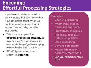 Encoding:
Effortful Processing Strategies
If we have short-term recall of
only 7 letters, but can remember
5 words, doesn’...