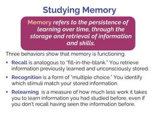 Three behaviors show that memory is functioning.
§ Recall is analogous to “fill-in-the-blank.” You retrieve
information pr...