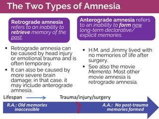 The Two Types of Amnesia
§ Retrograde amnesia can
be caused by head injury
or emotional trauma and is
often temporary.
§ I...