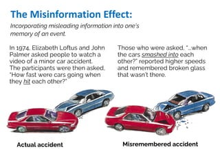 The Misinformation Effect:
In 1974, Elizabeth Loftus and John
Palmer asked people to watch a
video of a minor car accident...