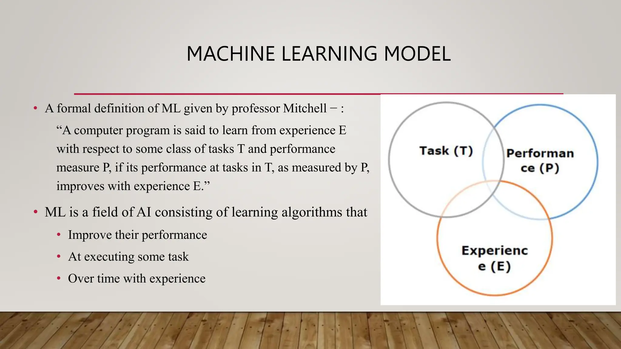 MACHINE LEARNING MODEL
• A formal definition of ML given by professor Mitchell − :
“A computer program is said to learn from experience E
with respect to some class of tasks T and performance
measure P, if its performance at tasks in T, as measured by P,
improves with experience E.”
• ML is a field of AI consisting of learning algorithms that
• Improve their performance
• At executing some task
• Over time with experience
 