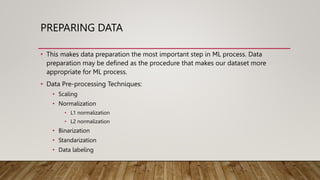 PREPARING DATA
• This makes data preparation the most important step in ML process. Data
preparation may be defined as the procedure that makes our dataset more
appropriate for ML process.
• Data Pre-processing Techniques:
• Scaling
• Normalization
• L1 normalization
• L2 normalization
• Binarization
• Standarization
• Data labeling
 