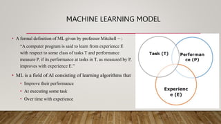 MACHINE LEARNING MODEL
• A formal definition of ML given by professor Mitchell − :
“A computer program is said to learn from experience E
with respect to some class of tasks T and performance
measure P, if its performance at tasks in T, as measured by P,
improves with experience E.”
• ML is a field of AI consisting of learning algorithms that
• Improve their performance
• At executing some task
• Over time with experience
 