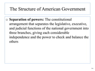 The Structure of American Government

o Separation of powers: The constitutional
  arrangement that separates the legislative, executive,
  and judicial functions of the national government into
  three branches, giving each considerable
  independence and the power to check and balance the
  others




                                                           9-6
 