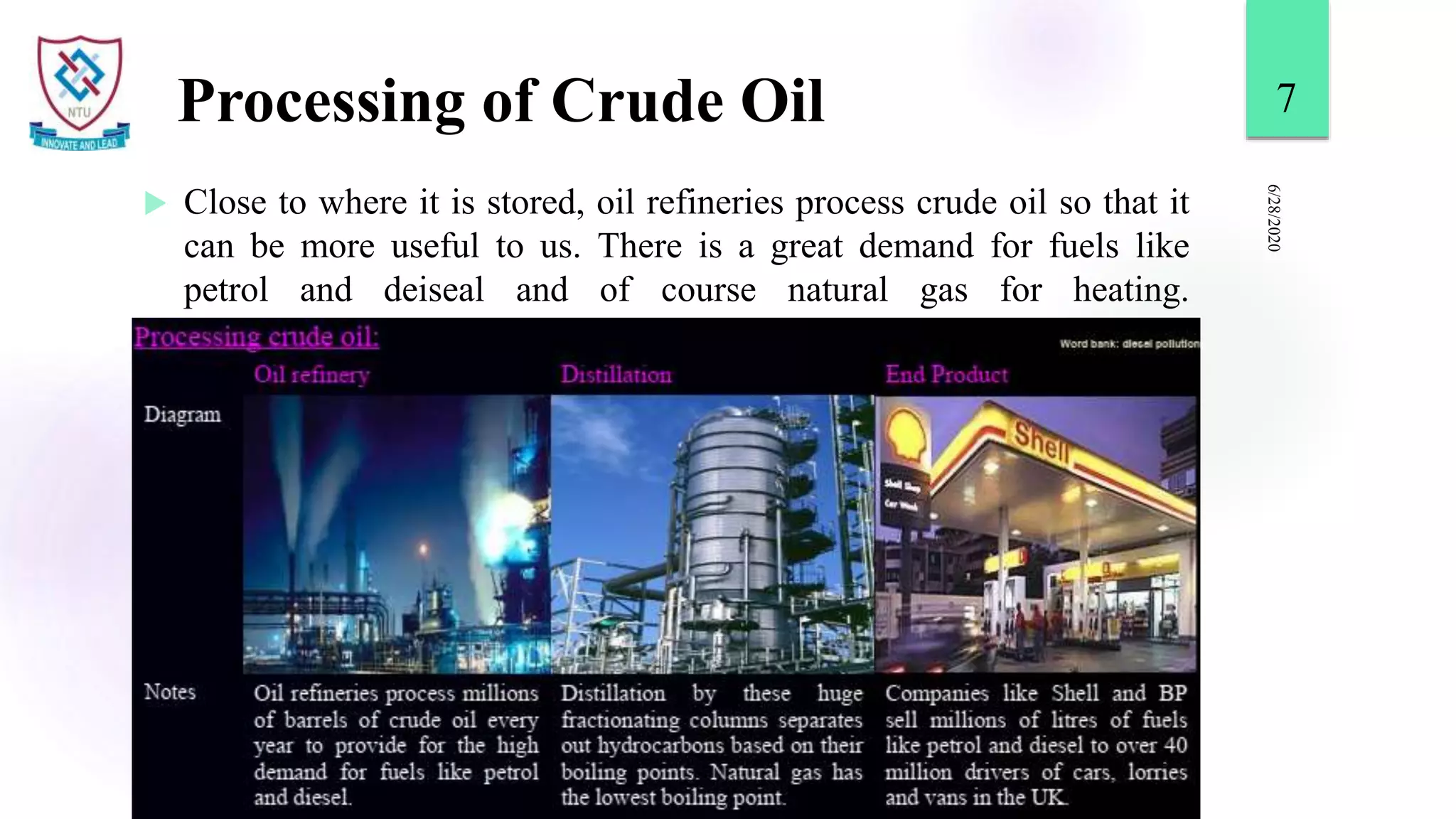 Processing of Crude Oil
 Close to where it is stored, oil refineries process crude oil so that it
can be more useful to us. There is a great demand for fuels like
petrol and deiseal and of course natural gas for heating.
6/28/2020
7
 