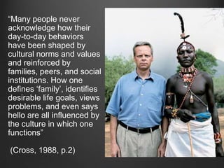 “Many people never
acknowledge how their
day-to-day behaviors
have been shaped by
cultural norms and values
and reinforced by
families, peers, and social
institutions. How one
defines „family‟, identifies
desirable life goals, views
problems, and even says
hello are all influenced by
the culture in which one
functions”

(Cross, 1988, p.2)
 