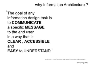 why Information Architecture ?
‘ The goal of any
  information design task is
  to COMMUNICATE
  a specific MESSAGE
  to the end user
  in a way that is
  CLEAR , ACCESSIBLE
  and
  EASY to UNDERSTAND ’
                       Jenn & O’Grady, K.V. (2008) The Information Design Handbook . China : Midas Printing International Ltd .



                                                                                                       Sara Cheng JIANG
 
