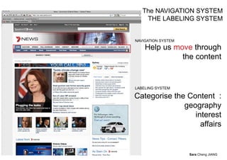 The NAVIGATION SYSTEM
    THE LABELING SYSTEM


NAVIGATION SYSTEM

    Help us move through
              the content


LABELING SYSTEM

Categorise the Content :
              geography
                 interest
                   affairs


                    Sara Cheng JIANG
 