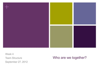 +




Week 4
Team Structure       Who are we together?
September 27, 2012
 