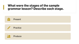 What were the stages of the sample
grammar lesson? Describe each stage.
Present
Practice
Produce
 
