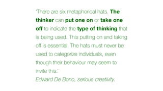 ‘There are six metaphorical hats. The
thinker can put one on or take one
o
f
to indicate the type of thinking that
is being used. This putting on and taking
o
ff
is essential. The hats must never be
used to categorize individuals, even
though their behaviour may seem to
invite this.’
Edward De Bono, serious creativity.
 