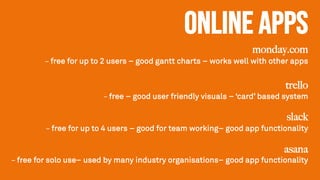 Online apps
monday.com
– free for up to 2 users – good gantt charts – works well with other apps
trello
– free – good user friendly visuals – ‘card’ based system
slack
– free for up to 4 users – good for team working– good app functionality
asana
– free for solo use– used by many industry organisations– good app functionality
 