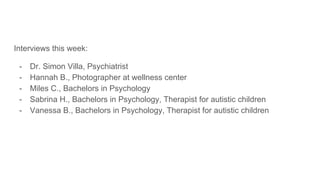 Interviews this week:
- Dr. Simon Villa, Psychiatrist
- Hannah B., Photographer at wellness center
- Miles C., Bachelors in Psychology
- Sabrina H., Bachelors in Psychology, Therapist for autistic children
- Vanessa B., Bachelors in Psychology, Therapist for autistic children
 