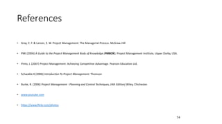 References
• Gray, C. F. & Larson, E. W. Project Management: The Managerial Process. McGraw-Hill
• PMI (2004) A Guide to the Project Management Body of Knowledge (PMBOK), Project Management Institute, Upper Darby, USA.
• Pinto, J. (2007) Project Management: Achieving Competitive Advantage. Pearson Education Ltd.
• Schwable K (2006) Introduction To Project Management. Thomson
• Burke, R. (2006) Project Management - Planning and Control Techniques, (4th Edition) Wiley, Chichester.
• www.youtube.com
• https://www.flickr.com/photos
54
 