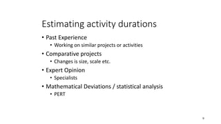 Estimating activity durations
• Past Experience
• Working on similar projects or activities
• Comparative projects
• Changes is size, scale etc.
• Expert Opinion
• Specialists
• Mathematical Deviations / statistical analysis
• PERT
9
 