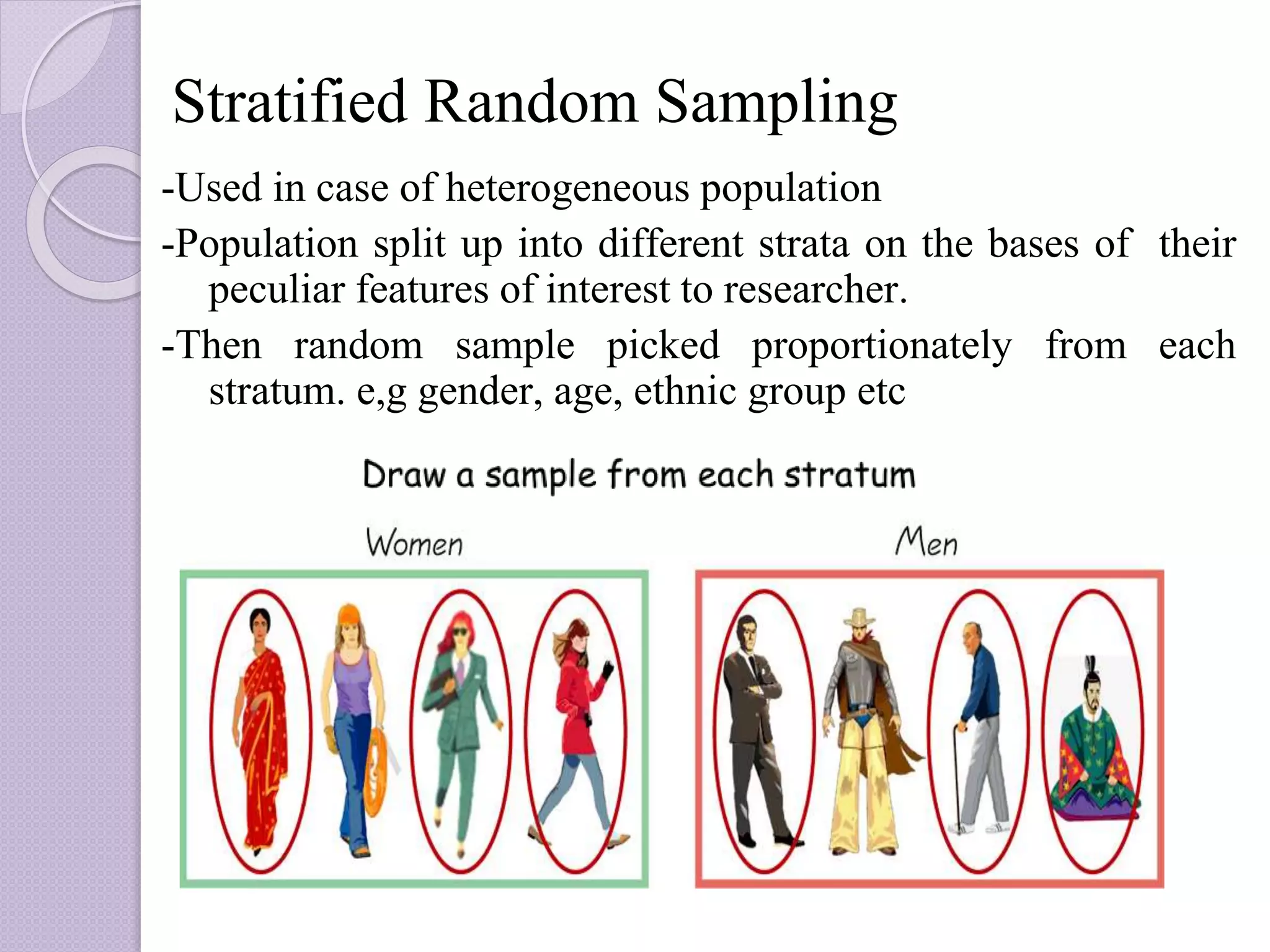 Stratified Random Sampling
-Used in case of heterogeneous population
-Population split up into different strata on the bases of their
peculiar features of interest to researcher.
-Then random sample picked proportionately from each
stratum. e,g gender, age, ethnic group etc
 