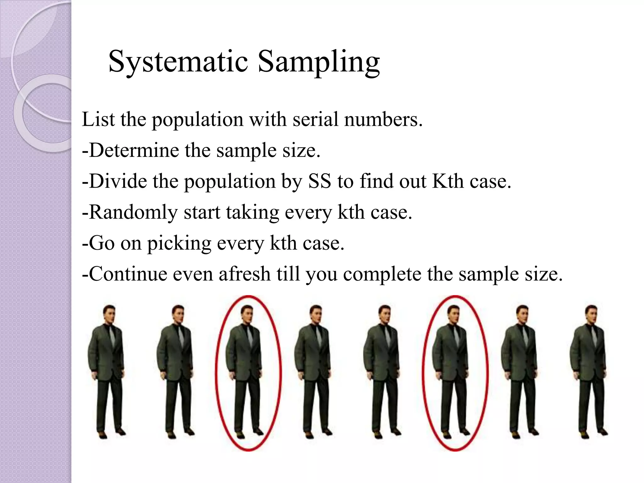 Systematic Sampling
List the population with serial numbers.
-Determine the sample size.
-Divide the population by SS to find out Kth case.
-Randomly start taking every kth case.
-Go on picking every kth case.
-Continue even afresh till you complete the sample size.
 
