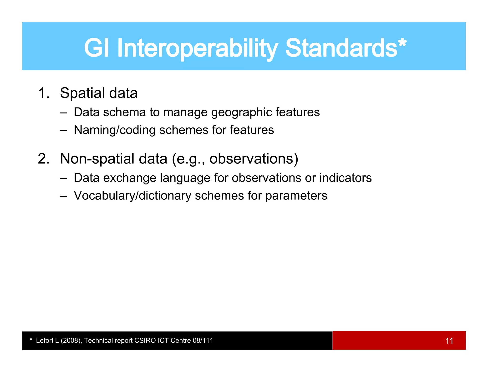 1. Spatial data
         – Data schema to manage g g p
                              g geographic features
         – Naming/coding schemes for features

  2. Non-spatial data ( g , observations)
          p           (e.g.,            )
         – Data exchange language for observations or indicators
         – Vocabulary/dictionary schemes for parameters




* Lefort L (2008), Technical report CSIRO ICT Centre 08/111        11
 