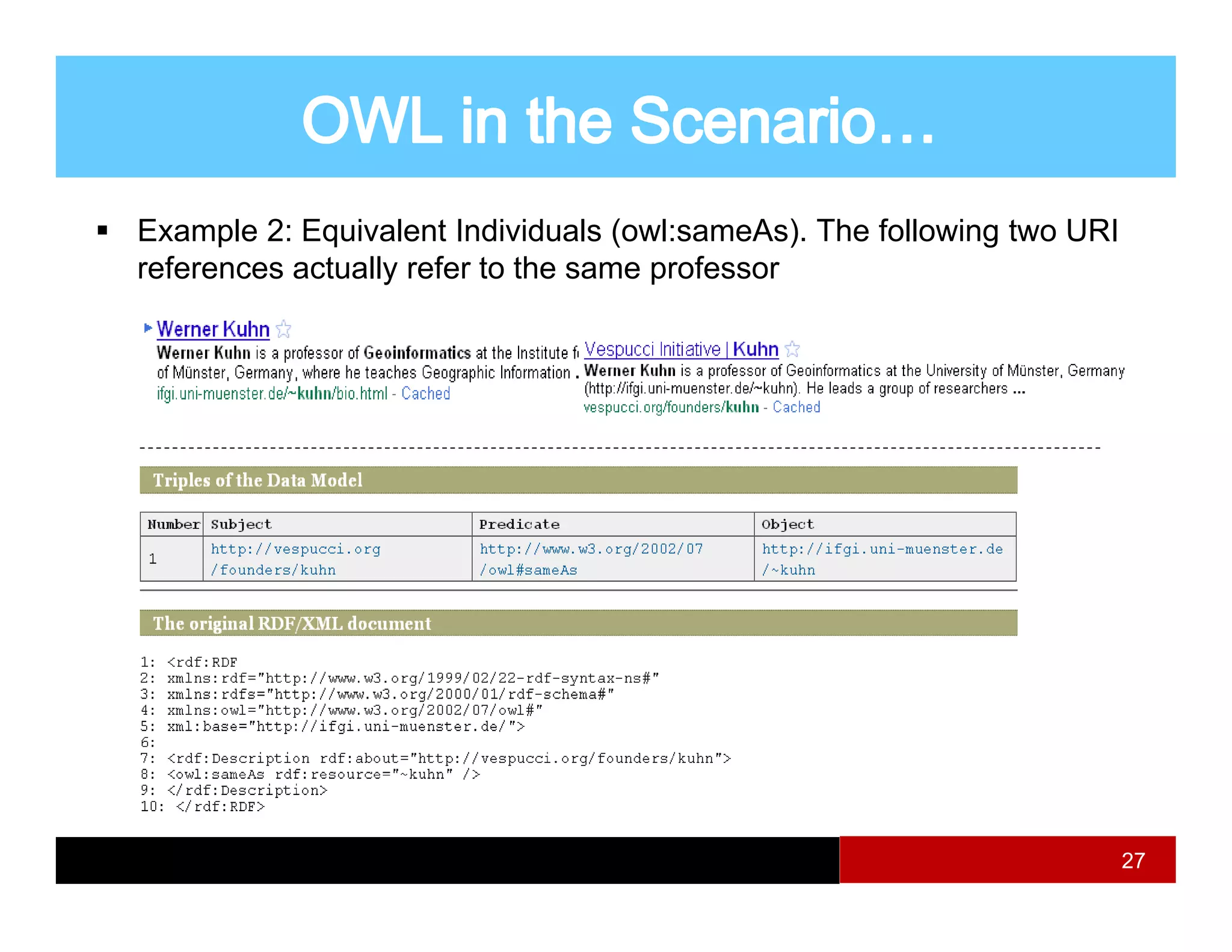 Example 2: Equivalent Individuals (owl:sameAs). The following two URI
references actually refer to the same professor




                                                                        27
 