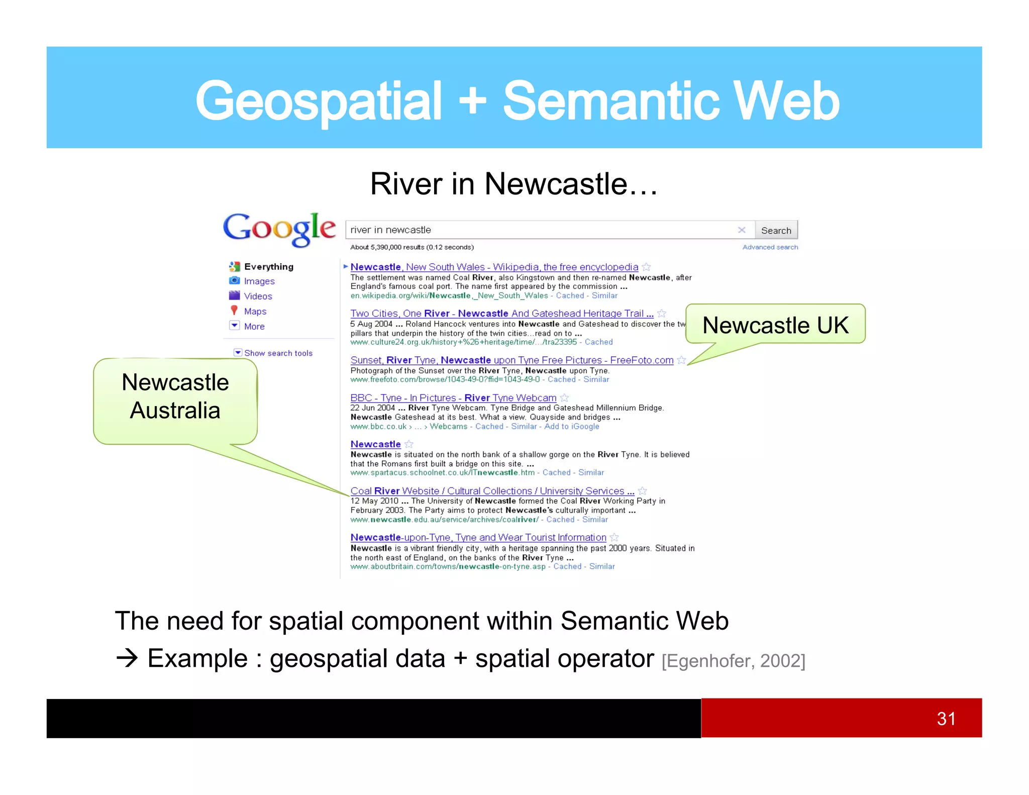 River in Newcastle…



                                                      Newcastle UK

Newcastle
Australia




The need for spatial component within Semantic Web
  Example : geospatial data + spatial operator [Egenhofer, 2002]

                                                                     31
 