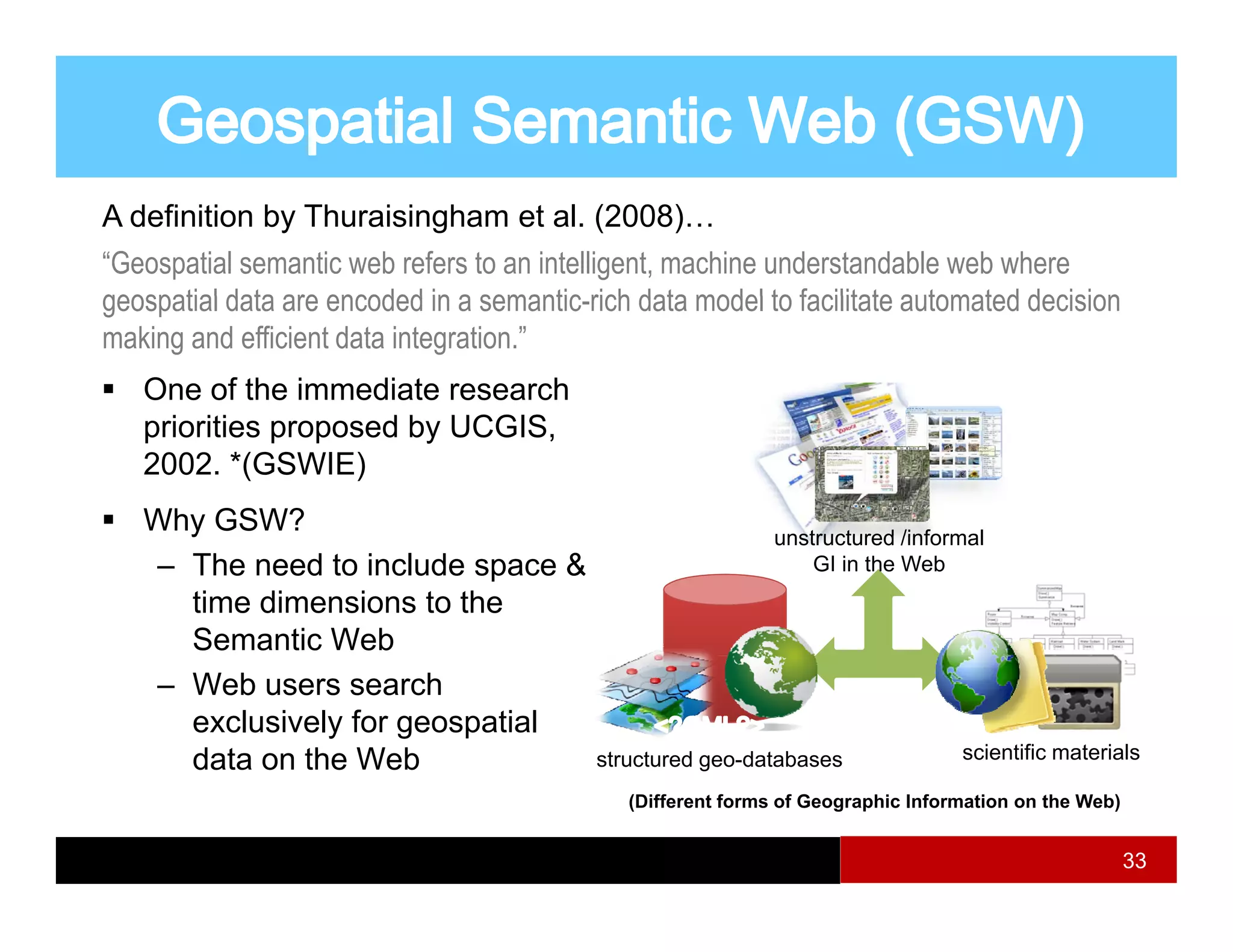 A definition by Thuraisingham et al. (2008)…
“Geospatial semantic web refers to an intelligent, machine understandable web where
geospatial data are encoded in a semantic rich data model to facilitate automated decision
                                  semantic-rich
making and efficient data integration.”
   One of the immediate research
   priorities proposed b UCGIS
     i iti           d by UCGIS,
   2002. *(GSWIE)
   Why GSW?
     y                                                       unstructured /informal
   – The need to include space &                                 GI in the Web
     time dimensions to the
     Semantic Web
   – Web users search
     exclusively for geospatial
     data on the Web                       structured geo-databases               scientific materials

                                              (Different forms of Geographic Information on the Web)


                                                                                                       33
 