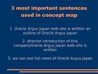 3 most important sentences
    used in concept map

 1. Oracle Argus Japan web site is written an
        outline of Oracle Argus Japan

      2. director introduction of this
   companyOracle Argus Japan web site is
                   written

3. we can see hot news of Oracle Argus Japan
 
