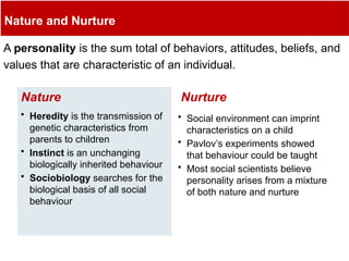 Nature and Nurture
A personality is the sum total of behaviors, attitudes, beliefs, and
values that are characteristic of an individual.
• Heredity is the transmission of
genetic characteristics from
parents to children
• Instinct is an unchanging
biologically inherited behaviour
• Sociobiology searches for the
biological basis of all social
behaviour
Nature
• Social environment can imprint
characteristics on a child
• Pavlov’s experiments showed
that behaviour could be taught
• Most social scientists believe
personality arises from a mixture
of both nature and nurture
Nurture
 