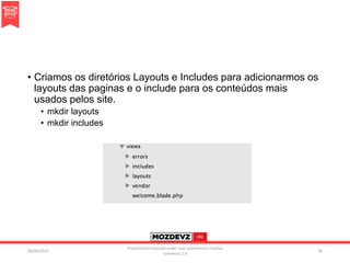 • Criamos os diretórios Layouts e Includes para adicionarmos os
layouts das paginas e o include para os conteúdos mais
usados pelos site.
• mkdir layouts
• mkdir includes
09/04/2016
Presentation licenced under non-commercial creative
commons 3.0
50
 