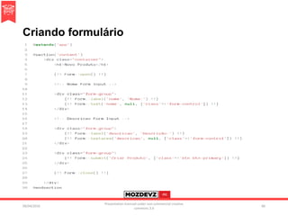 Criando formulário
09/04/2016
Presentation licenced under non-commercial creative
commons 3.0
86
 