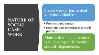 NATURE OF
SOCIAL
CASE
WORK
Social worker has to deal
with individual’s:
• Problems and causes.
• reactions and experiences towards
problem.
Main task of social worker
is to develop self-direction
and self-dependence.
 