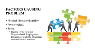 FACTORS CAUSING
PROBLEM
• Physical illness or disability.
• Psychological.
• Social.
• Income level, Housing,
Neighborhood, Employment,
Religion, availability of services
and educational problems.
 