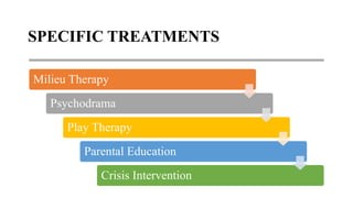 SPECIFIC TREATMENTS
Milieu Therapy
Psychodrama
Play Therapy
Parental Education
Crisis Intervention
 