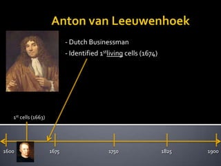                Anton van Leeuwenhoek- Dutch Businessman- Identified 1stliving cells (1674) 1st cells (1663)17501825190016001675