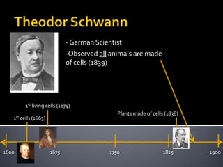  Theodor Schwann- German ScientistObserved all animals are made of cells (1839)1st living cells (1674)Plants made of cells (1838) 1st cells (1663)17501825190016001675