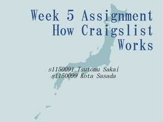 Week 5 Assignment
How Craigslist
Works
s1150091 Tsutomu Sakais1150091 Tsutomu Sakai
s1150099 Kota Sasadas1150099 Kota Sasada
 