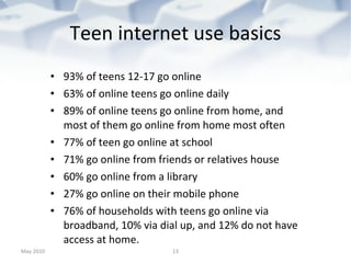 Teen internet use basics 93% of teens 12-17 go online 63% of online teens go online daily 89% of online teens go online from home, and most of them go online from home most often 77% of teen go online at school 71% go online from friends or relatives house 60% go online from a library 27% go online on their mobile phone 76% of households with teens go online via broadband, 10% via dial up, and 12% do not have access at home. May 2010 
