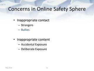 Concerns in Online Safety Sphere Inappropriate contact Strangers Bullies Inappropriate content Accidental Exposure Deliberate Exposure May 2010 