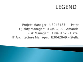 LEGEND Project Manager:  U3047183 -- Peter   Quality Manager:  U3043236 – Amanda Risk Manager:  U3043187 – Hazel IT Architecture Manager:  U3042849 – Stella 