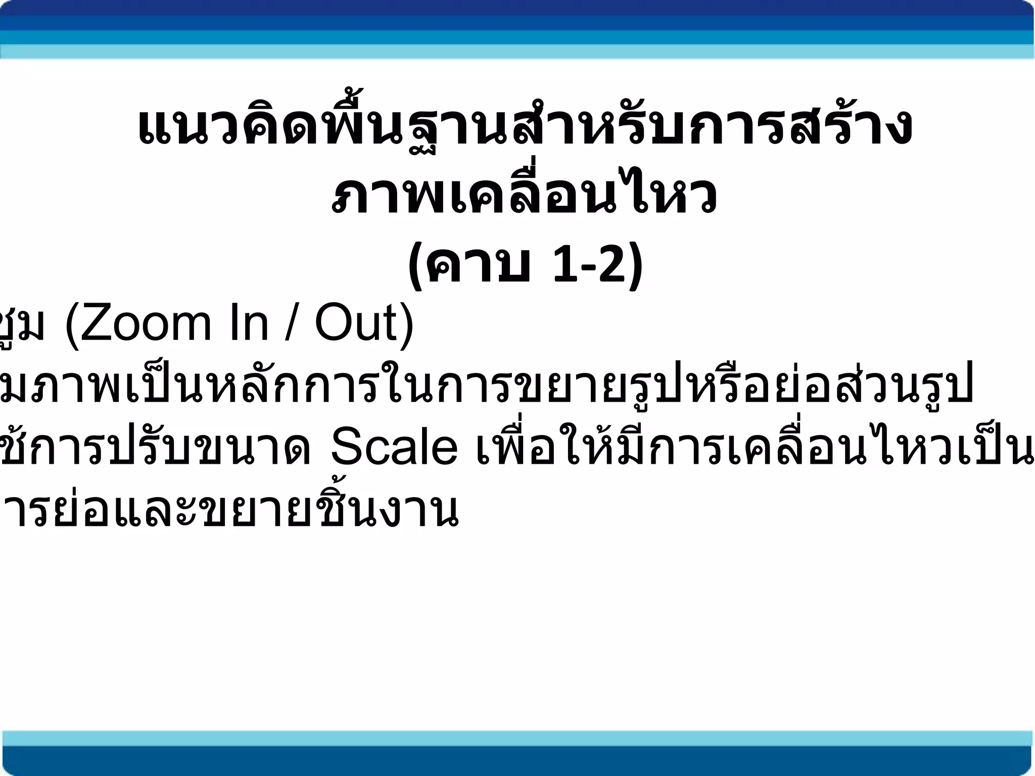 แนวคิดพื้นฐานสำหรับการสร้างภาพเคลื่อนไหว ( คาบ  1-2) การซูม  ( Zoom In / Out)   การซูมภาพเป็นหลักการในการขยายรูปหรือย่อส่วนรูป โดยใช้การปรับขนาด  Scale  เพื่อให้มีการเคลื่อนไหวเป็นลำดับ ของการย่อและขยายชิ้นงาน 