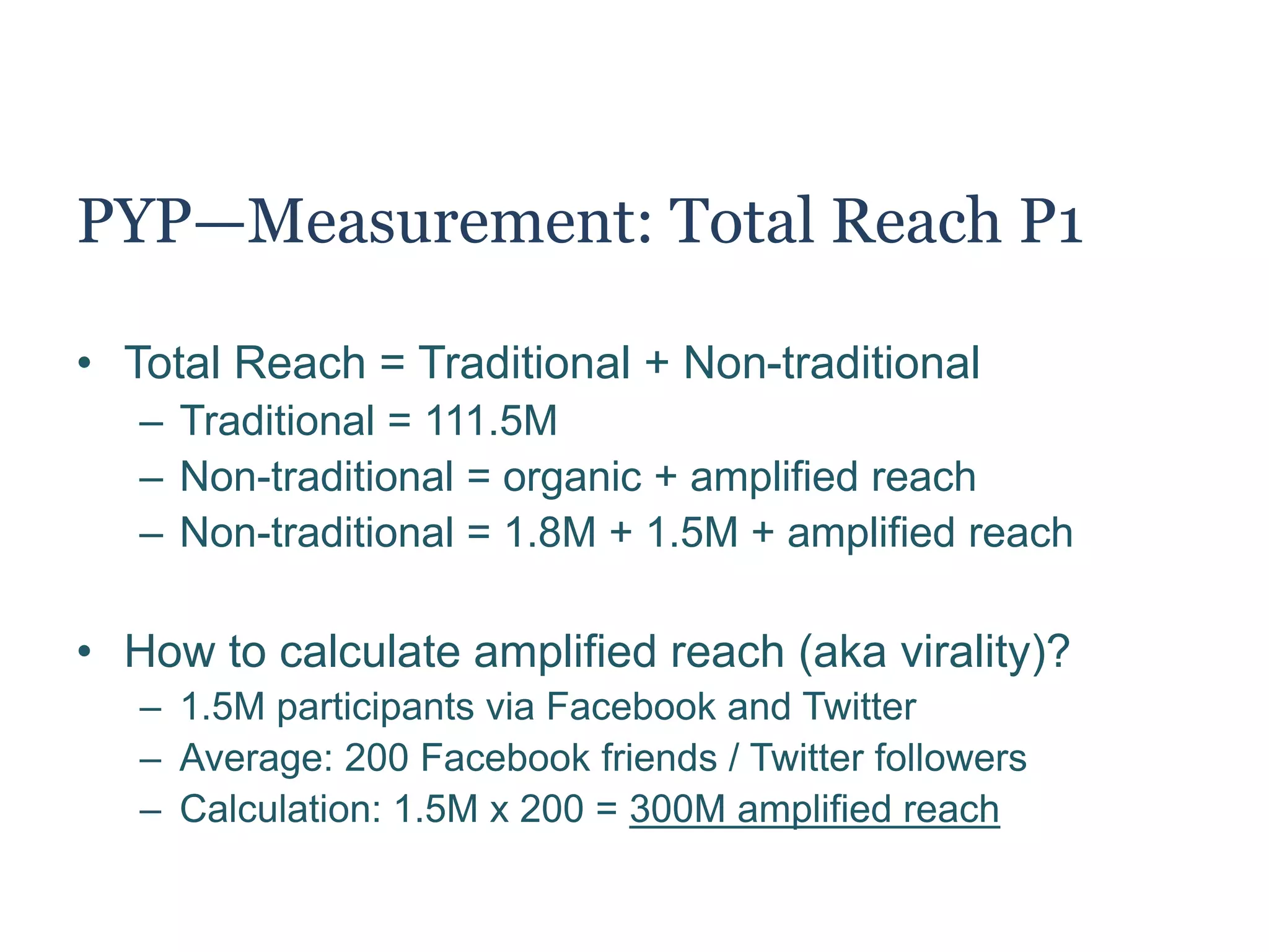 PYP—Measurement: Assumptions
• Internal data cannot be extracted, thus we will
use market sizing and industry standard for
some numbers
• This is a high level calculation
– We will not focus on small details, i.e. engaged % of
viewers on the Super Bowl
 