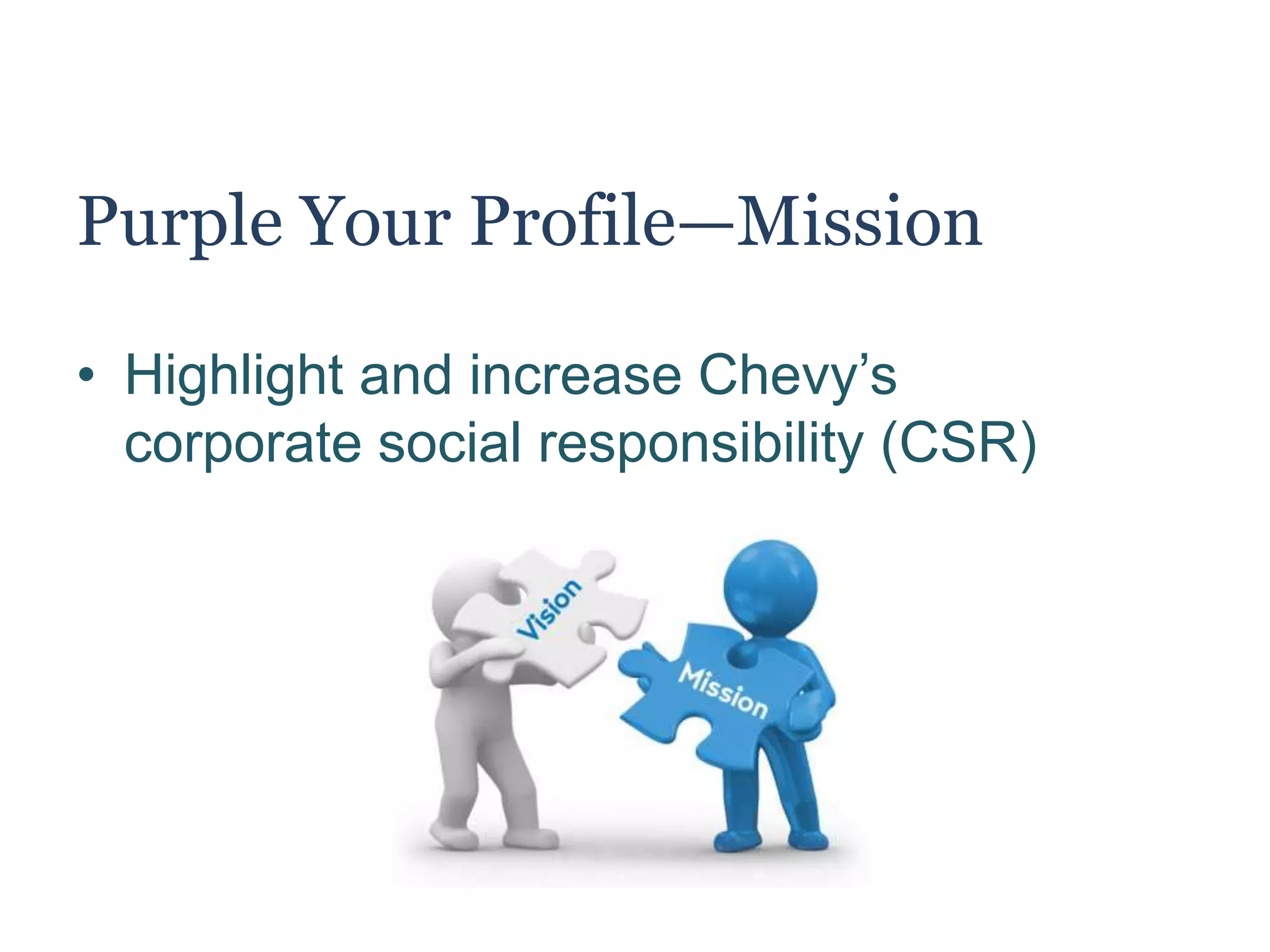 Purple Your Profile—Mission
• Highlight and increase Chevy’s
corporate social responsibility (CSR)
 